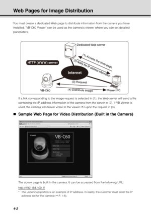 Page 1504-2
Web Pages for Image Distribution
You must create a dedicated Web page to distribute information from the camera you have 
installed. VB-C60 Viewer can be used as the cameras viewer, where you can set detailed 
parameters.If a link corresponding to the image request is selected in (1), the Web server will send a file 
containing the IP address information of the camer a from the server in (2). If VB Viewer is 
used, the camera will deliver video to the viewer PC upon the request in (3).
„ Sample Web...