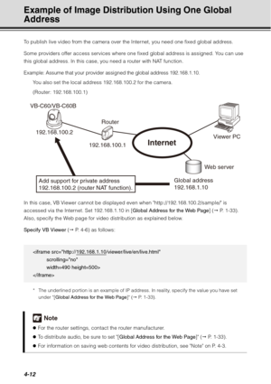 Page 1604-12
Example of Image Distribution Using One Global 
Address
To publish live video from the camera over the Internet, you need one fixed global address.
Some providers offer access services where one fixed global address is assigned. You can use 
this global address. In this case, you need a router with NAT function.
Example: Assume that your provider assigned the global address 192.168.1.10.You also set the local address 192.168.100.2 for the camera.
(Router: 192.168.100.1)
In this case, VB Viewer...