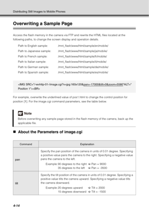 Page 1624-14
Distributing Still Images to Mobile Phones
Overwriting a Sample Page
Access the flash memory in the camera via FTP and rewrite the HTML files located at the 
following paths, to change the screen display and operation details.Path to English sample:   /mnt_flash/www/html/sample/en/mobile/
Path to Japanese sample:  /mnt_flash/www/html/sample/ja/mobile/
Path to French sample:  /mnt_flash/www/html/sample/fr/mobile/
Path to Italian sample:   /mnt_flash/www/html/sample/it/mobile/
Path to German sample:...