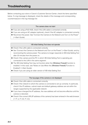Page 1685-4
Troubleshooting
Before contacting your store or Canons Customer Service Center, check the items specified 
below. If a log message is displayed, check the details of the message and corresponding 
countermeasure in the log message list.
The camera does not start
z If you are using a PoE HUB, check if  the LAN cable is connected correctly.
z If you are using an AC adapter (optional), check if the AC adapter is connected correctly.
z Reconnect the power. See Connect the Camera to the Network and Turn...