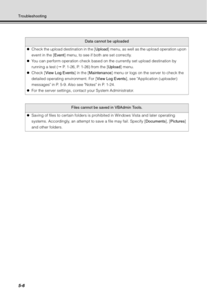 Page 1705-6
Troubleshooting
Data cannot be uploaded
z Check the upload destination in the [ Upload] menu, as well as the upload operation upon 
event in the [ Event] menu, to see if both are set correctly.
z You can perform operation check based on the currently set upload destination by 
running a test (  P. 1-26, P. 1-26) from the [ Upload] menu.
z Check [ View Log Events ] in the [Maintenance ] menu or logs on the server to check the 
detailed operating environment. For [ View Log Events], see Application...