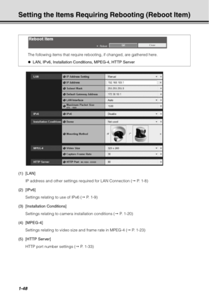 Page 641-48
Setting the Items Requiring Rebooting (Reboot Item)
(1) [LAN]IP address and other settings required for LAN Connection (  P. 1-8)
(2) [IPv6] Settings relating to use of IPv6 (  P. 1-9)
(3) [Installation Conditions] Settings relating to camera installation conditions (  P. 1-20)
(4) [MPEG-4] Settings relating to video size and frame rate in MPEG-4 (  P. 1-23)
(5) [HTTP Server] HTTP port number settings (  P. 1-33)
The following items that require rebooting, if changed, are gathered here.
z
LAN,...