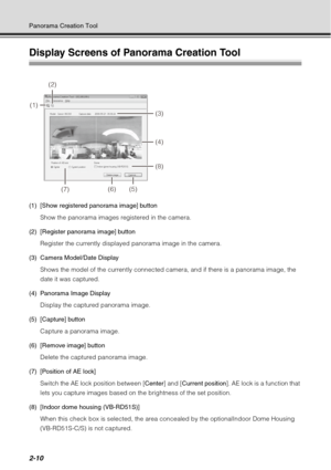 Page 762-10
Panorama Creation Tool
Display Screens of Panorama Creation Tool
(1) [Show registered panorama image] buttonShow the panorama images registered in the camera.
(2) [Register panorama image] button Register the currently displayed panorama image in the camera. 
(3) Camera Model/Date Display  Shows the model of the currently connected camera, and if there is a panorama image, the 
date it was captured.
(4) Panorama Image Display  Display the captured panorama image.
(5) [Capture] button Capture a...