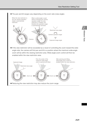 Page 872-21
View Restriction Setting Tool
VBAdmin Tools
zThe pan and tilt ranges vary depending on the zoom ratio (view angle).
z If the view restriction will be exceeded as a result of controlling the zoom toward the wide-
angle side, the camera will first pan and tilt  to a position where the maximum wide-angle 
zoom will be within the viewing restriction area. Wide-angle zoom control will then be 
enabled within the view restriction area.
z Reducing the view restriction may also reduce the zoom range. 
When...