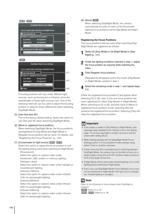 Page 142142
  
  
Focusing positions will vary under different light 
sources, such as fluorescent or infrared, since the 
wavelengths of these light sources vary. One of the 
following methods can be used to adjust the focusing 
position to allow for these differences when switching 
Day/Night Mode.
(5) [Use One-shot AF] 
This is the factory default setting. Select this option to 
use One-shot AF when switching Day/Night Mode.
(6) [Move to registered focus position] 
When switching Day/Night Mode, the focus...