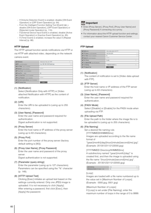 Page 6060
– If [Volume Detection Event] is enabled, disable [ON Event 
Operation] or [OFF Event Operation] (p. 64). 
– From the Intelligent Function Setting Tool [Event] tab > 
disable [ON Event Operation], [OFF Event Operation] or 
[Detected mode Operation] (p. 110). 
– If [External Device Input Event] is enabled, disable [Active 
Event Operation] or [Inactive Event Operation] (p. 65). 
– If [Timer Event] is enabled, increase the value in [Repeat 
Interval] (p. 66). 
HTTP Upload
The HTTP upload function sends...