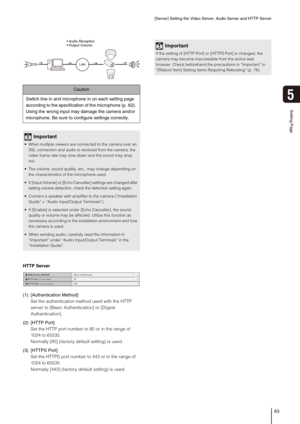 Page 63[Server] Setting the Video Server, Audio Server and HTTP Server
63
5
Setting Page
HTTP Server
(1) [Authentication Method] 
Set the authentication method used with the HTTP 
server to [Basic Authentication] or [Digest 
Authentication]. 
(2) [HTTP Port] 
Set the HTTP port number to 80 or in the range of 
1024 to 65535. 
Normally [80] (factory default setting) is used. 
(3) [HTTPS Port] 
Set the HTTPS port number to 443 or in the range of 
1024 to 65535. 
Normally [443] (factory default setting) is used....