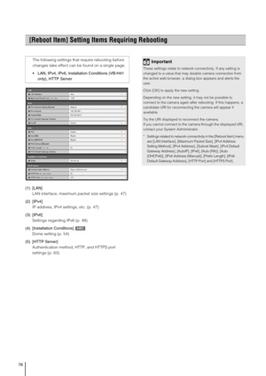 Page 7878
(1) [LAN] 
LAN interface, maximum packet size settings (p. 47)
(2) [IPv4] 
IP address, IPv4 settings, etc. (p. 47) 
(3) [IPv6] 
Settings regarding IPv6 (p. 48) 
(4) [Installation Conditions] 
Dome setting (p. 54) 
(5) [HTTP Server] 
Authentication method, HTTP, and HTTPS port 
settings (p. 63) 
[Reboot Item] Setting Items Requiring Rebooting 
The following settings that require rebooting before 
changes take effect can be found on a single page. 
 LAN, IPv4, IPv6, Installation Conditions (VB-H41...