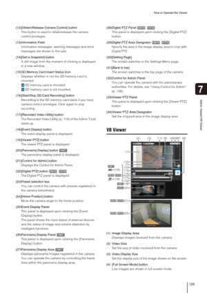 Page 129How to Operate the Viewer
129
Admin Viewer/VB Viewer
7
(12)[Obtain/Release Camera Control] button
This button is used to obtain/release the camera 
control privileges.
(13)Information Field
Information messages, warning messages and error 
messages are shown to the user.
(14)[Get a Snapshot] button
A still image from the moment of clicking is displayed 
in a new window.
(15)SD Memory Card Insert Status Icon
Displays whether or not the SD memory card is 
mounted. 
SD memory card is mounted. 
SD memory...