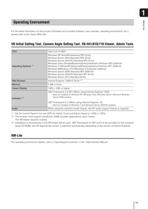 Page 1919
1
Before Use
For the latest information on this product (firmware and included software, user manuals, operating environment, etc.), 
please refer to the Canon Web Site.
VB Initial Setting Tool, Camera Angle Setting Tool, VB-H41/610/710 Viewer, Admin Tools
*1 Set the Control Panel’s font size (DPI) for Admin Tools and Admin Viewer to 100% or 125%. 
*2 The browser must support JavaScript, XAML browser applications, and I Frame.
The VB Viewer requires cookies. 
*3 Installation is unnecessary if only VB...