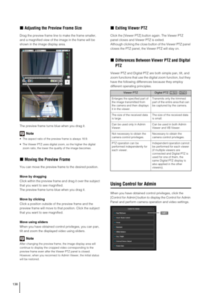 Page 138138
„Adjusting the Preview Frame Size
Drag the preview frame line to make the frame smaller, 
and a magnified view of the image in the frame will be 
shown in the image display area.
The preview frame turns blue when you drag it. 
Note
 The aspect ratio of the preview frame is always 16:9.
 The Viewer PTZ uses digital zoom, so the higher the digital 
zoom ratio, the lower the quality of the image becomes.
„Moving the Preview Frame
You can move the preview frame to the desired position.
Move by dragging...