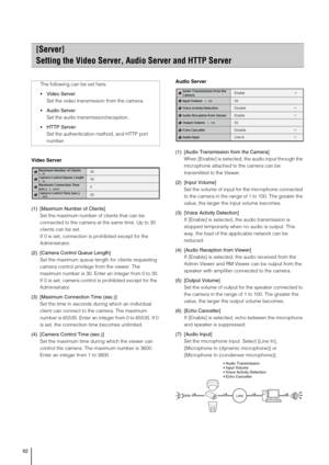 Page 6262
Video Server
(1) [Maximum Number of Clients] 
Set the maximum number of clients that can be 
connected to the camera at the same time. Up to 30 
clients can be set. 
If 0 is set, connection is prohibited except for the 
Administrator. 
(2) [Camera Control Queue Length] 
Set the maximum queue length for clients requesting 
camera control privilege from the viewer. The 
maximum number is 30. Enter an integer from 0 to 30. 
If 0 is set, camera control is prohibited except for the 
Administrator. 
(3)...