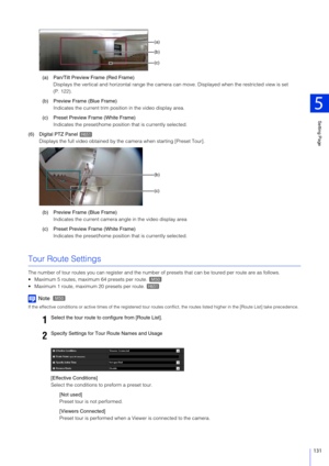 Page 131Setting Page
5
131
(a) Pan/Tilt Preview Frame (Red Frame)Displays the vertical and horizontal  range the camera can move. Displayed when the restricted view is set 
(P. 122).
(b) Preview Frame (Blue Frame) Indicates the current trim posi tion in the video display area.
(c) Preset Preview Frame (White Frame) Indicates the preset/home position  that is currently selected.
(6) Digital PTZ Panel  Displays the full video obtained by the  camera when starting [Preset Tour].
(b) Preview Frame (Blue Frame)...