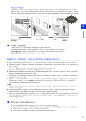 Page 167Setting Page
5
167
Intrusion Detection
Detect when a person or moving object crosses a specified area. This can be used to detect actions such as when 
someone climbs over a barrier and enters a restricted area in  a museum, etc. This determines that an object is entering 
when the decision point of the object detection frame enters the detection area and the specified duration has elapsed.
 Audio Detection
Detects audio input to the camera. There are two types of detection.
These are set with [Event] >...