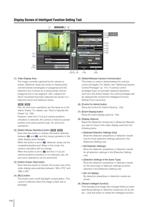 Page 116116
Display Screen of Intelligent Function Setting Tool
(1) Video Display Area
The image currently captured by the camera is 
shown. Detection areas are shown in translucently 
colored frames (rectangular or polygonal) and the 
detection line is shown as a translucently colored 
polygonal line or line segment. Also, subjects for 
which movement has been detected are shown in a 
detection block and detection frame.
Pan, tilt, and zoom operations are the same as in the 
Admin Viewer. For details, see “How...