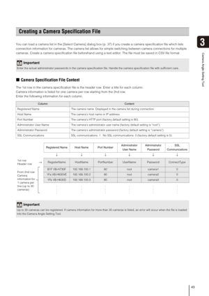 Page 4343
3
Camera Angle Setting Tool
You can load a camera list in the [Select Camera] dialog box (p. 37) if you create a camera specification file which lists 
connection information for cameras. The camera list allows for simple switching between camera connections for multiple 
cameras. Create a camera specification file beforehand using a text editor. The file must be saved in CSV file format.
„Camera Specification File Content
The 1st row in the camera specification file is the header row. Enter a title...