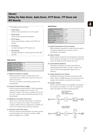 Page 6969
4
Setting Page
Video Server
(1) [Maximum Number of Clients] 
Set the maximum number of clients that can be 
connected to the camera at the same time. Up to 30 
clients can be set. 
If 0 is set, connection is prohibited except for the 
Administrator. 
(2) [Camera Control Queue Length] 
Set the maximum queue length for clients requesting 
camera control privilege from the viewer. The 
maximum number is 30. Enter an integer from 0 to 30. 
If 0 is set, camera control is prohibited except for the...