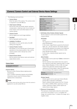 Page 394-9
4
Setting Page
Camera Name
[Camera Name] 
Be sure to enter [Camera Name (alphanumeric 
characters)]. 
Up to 15 ASCII characters (spaces and printable 
characters) may be used for [Camera Name 
(alphanumeric characters)]. 
Note
 The camera name set here will be shown when the camera is 
registered for use with bundled RM-Lite. 
Initial Camera Settings
1[AE Mode], [Slow Shutter], [Shutter Speed] 
Set the exposure control and shutter speed for the 
camera startup. 
[AE Mode] 
[Auto] 
The exposure is...