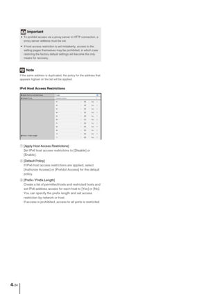 Page 544-24
Note
If the same address is duplicated, the policy for the address that 
appears highest on the list will be applied. 
IPv6 Host Access Restrictions
1[Apply Host Access Restrictions] 
Set IPv6 host access restrictions to [Disable] or 
[Enable]. 
2[Default Policy] 
If IPv6 host access restrictions are applied, select 
[Authorize Access] or [Prohibit Access] for the default 
policy. 
3[Prefix / Prefix Length] 
Create a list of permitted hosts and restricted hosts and 
set IPv6 address access for each...