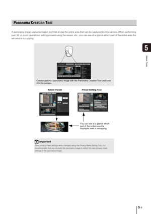 Page 735-9
5
Admin Tools
A panorama image capture/creation tool that shows the entire area that can be captured by this camera. When performing 
pan, tilt, or zoom operations, setting presets using the viewer, etc., you can see at a glance which part of the entire area the 
set area is occupying.
  Admin Viewer                                 Preset Setting Tool 
Panorama Creation Tool
Important
If the privacy mask settings were changed using the Privacy Mask Setting Tool, it is 
recommended that you recreate...