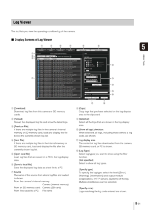 Page 955-31
5
Admin Tools
This tool lets you view the operating condition log of the camera. 
„Display Screens of Log Viewer
1[Download] 
Download log files from this camera or SD memory 
cards.
2[Reload] 
Reload the displayed log file and show the latest logs.
3[Previous File] 
If there are multiple log files in the cameras internal 
memory or SD memory card, load and display the file 
before the currently shown log list.
4[Next File] 
If there are multiple log files in the internal memory or 
SD memory card,...