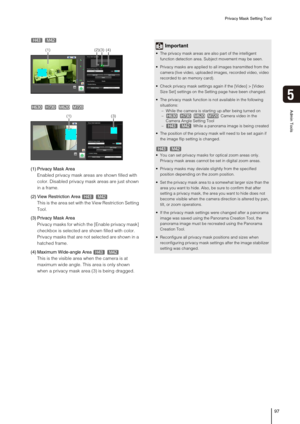 Page 97Privacy Mask Setting Tool
97
5
Admin Tools   
(1) Privacy Mask Area
Enabled privacy mask areas are shown filled with 
color. Disabled privacy mask areas are just shown 
in a frame. 
(2) View Restriction Area
This is the area set with the View Restriction Setting 
Tool.
(3) Privacy Mask Area
Privacy masks for which the [Enable privacy mask] 
checkbox is selected are shown filled with color. 
Privacy masks that are not selected are shown in a 
hatched frame.
(4) Maximum Wide-angle Area
This is the visible...