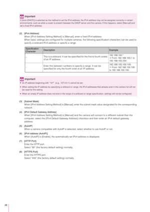 Page 2828
(2) [IPv4 Address]When [IPv4 Address Setting Method] is  [Manual], enter a fixed IPv4 address.
When basic settings are configured for multiple cameras,  the following specification characters can be used to 
specify a wildcard IPv4 ad dress or specify a range.
(3) [Subnet Mask] When [IPv4 Address Setting Method] is [Manual], enter  the subnet mask value designated for the corresponding 
network.
(4) [IPv4 Default Gateway Address] When [IPv4 Address Setting Method] is [Manual] and the  camera will...