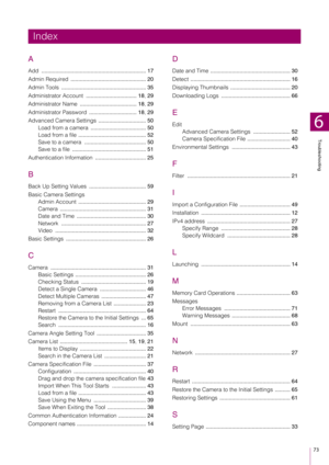 Page 7373
6
Troubleshooting
A
Add .................................................................... 17
Admin Required  ................................................. 20
Admin Tools  ....................................................... 35
Administrator Account  ................................. 18 , 29
Administrator Name  ..................................... 18 , 29
Administrator Password  ............................... 18, 29
Advanced Camera Settings  ............................... 50
Load from a...