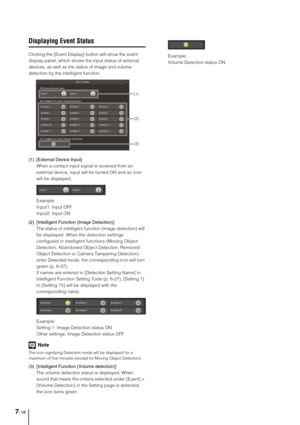 Page 1307-18
Displaying Event Status
Clicking the [Event Display] button will show the event 
display panel, which shows the input status of external 
devices, as well as the status of image and volume 
detection by the intelligent function. 
(1) [External Device Input]
When a contact input signal is received from an 
external device, input will be turned ON and an icon 
will be displayed. 
Example:
Input1: Input OFF
Input2: Input ON
(2) [Intelligent Function (Image Detection)] 
The status of intelligent...