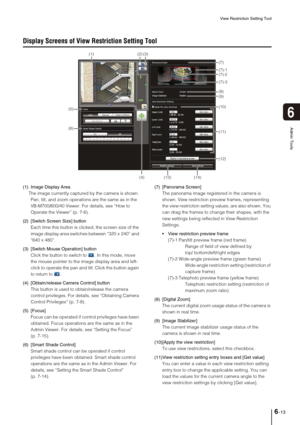 Page 91View Restriction Setting Tool
6-13
6
Admin Tools
Display Screens of View Restriction Setting Tool
(1) Image Display Area
The image currently captured by the camera is shown. 
Pan, tilt, and zoom operations are the same as in the 
VB-M700/600/40 Viewer. For details, see “How to 
Operate the Viewer” (p. 7-6).
(2) [Switch Screen Size] button
Each time this button is clicked, the screen size of the 
image display area switches between “320 x 240” and 
“640 x 480”.
(3) [Switch Mouse Operation] button
Click...