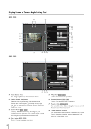 Page 4040
Display Screen of Camera Angle Setting Tool
 
(1) Video Display Area
The image captured by the camera is shown. 
(2) [Switch Screen Size] button
Switches the display screen size between large 
display and small display. The display screen size 
can also be selected from [Display Screen Size] from 
the [View] menu. 
(3) Control Assist
Displays dotted lines showing the range of pan 
operation and tilt operation. The camera angle cannot 
be changed to positions with no dotted lines. 
(4) [Pan] button...