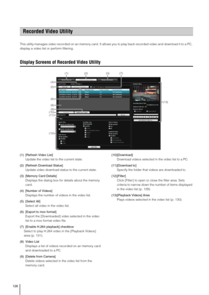 Page 128128
This utility manages video recorded on an memory card. It allows you to play back recorded video and download it to a PC, 
display a video list or perform filtering.
Display Screens of Recorded Video Utility
(1) [Refresh Video List]
Update the video list to the current state.
(2) [Refresh Download Status]
Update video download status to the current state.
(3) [Memory Card Details]
Displays the dialog box for details about the memory 
card.
(4) [Number of Videos]
Displays the number of videos in the...