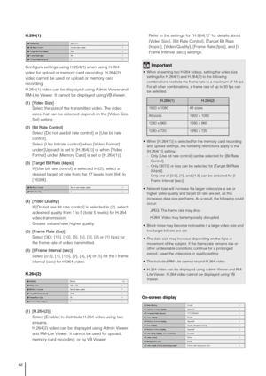 Page 6262
H.264(1)
Configure settings using H.264(1) when using H.264 
video for upload or memory card recording. H.264(2) 
video cannot be used for upload or memory card 
recording.
H.264(1) video can be displayed using Admin Viewer and 
RM-Lite Viewer. It cannot be displayed using VB Viewer.
(1) [Video Size] 
Select the size of the transmitted video. The video 
sizes that can be selected depend on the [Video Size 
Set] setting.
(2) [Bit Rate Control] 
Select [Do not use bit rate control] or [Use bit rate...