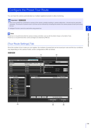 Page 179Admin Viewer/VB Viewer
5
179
You can have the camera automatically tour multiple registered presets to allow monitoring.
Note
Preset tour is not performed while the camera is being controlled, such as with the Admin Viewer or the Admin Tools.
Preset tour is not performed when control privileges are obtained by RM-Lite.
[Tour Route Settings] Tab
Since the number of tour routes you can register, the numbers of  preset that can be toured per route and the tour conditions 
vary depending on the camera model,...