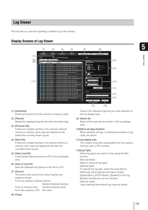 Page 125125
Admin Tools
5
This tool lets you view the operating condition log of the camera. 
Display Screens of Log Viewer
(1) [Download] 
Download log files from this camera or memory cards.
(2) [Reload] 
Reload the displayed log file and show the latest logs.
(3) [Previous File] 
If there are multiple log files in the cameras internal 
memory or memory card, load and display the file 
before the currently shown log list.
(4) [Next File] 
If there are multiple log files in the internal memory or 
memory card,...