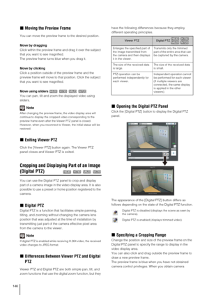 Page 146146
„Moving the Preview Frame
You can move the preview frame to the desired position.
Move by dragging
Click within the preview frame and drag it over the subject 
that you want to see magnified.
The preview frame turns blue when you drag it. 
Move by clicking
Click a position outside of the preview frame and the 
preview frame will move to that position. Click the subject 
that you want to see magnified.
Move using sliders
You can pan, tilt and zoom the displayed video using 
sliders.
Note
After...