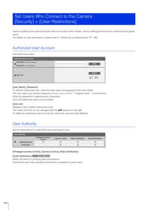 Page 118118
Used for adding new authorized users that can access Admin Viewer, and for setting permissions for authorized and guest 
users.
For details on user permissions, please refer to “Viewer Access Restrictions” (P. 138).
Authorized User Account
Add authorized users.
[User Name], [Password]
To add the authorized user, enter the user name and password, then click [Add].
The user name can use the characters A to Z, a to z, 0 to 9, “-” (hyph en) and “_” (underscore).
Enter the password in alphanumeric...