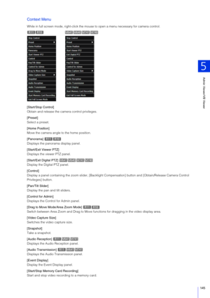 Page 145Admin Viewer/VB Viewer
5
145
Context Menu
While in full screen mode, right-click the mouse to open a menu necessary for camera control.
[Start/ Stop Control]
Obtain and release the camera control privileges.
[Preset]
Select a preset.
[Home Position]
Move the camera angle  to the home position.
[Panorama] 
Displays the panorama display panel.
[ Start/Exit Viewer PTZ]
Displays the viewer PTZ panel.
[ Start/Exit Digital PTZ] 
Display the Digital PTZ panel.
[Control]
Display a panel containing the zoom sl...