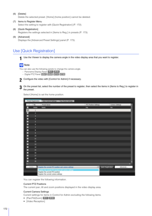 Page 172172
(6) [Delete]Delete the selected preset. [Home] (home position] cannot be deleted.
(7) Items to Register Menu Select the setting to register with [Quick Registration] (P. 172).
(8) [Quick Registration] Registers the settings selected in  [Items to Reg.] in presets (P. 173).
(9) [Advanced] Displays the [Advanced Preset Settings] panel (P. 173).
Use [Quick Registration]
Note
You can also use the following panels to change the camera angle.– Panorama Display Panel 
– Digital PTZ Panel 
Select [Home] to...