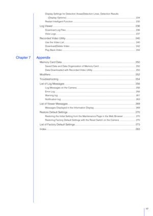 Page 1717
Display Settings for Detection Areas/Detection Lines, Detection Results 
(Display Options)............................................................................................................ 23 4
Restart Intelligent Function ................................................................................................. 23 5
Log Viewer ................................................................................................................... 236
Download Log Files...