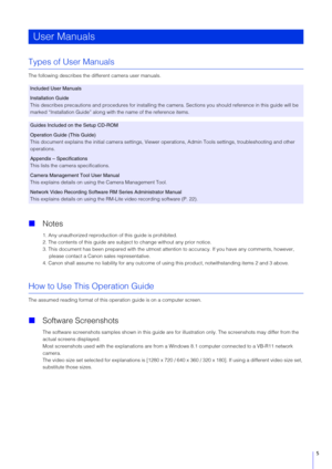 Page 55
Types of User Manuals
The following describes the different camera user manuals.
Notes
1. Any unauthorized reproduction of this guide is prohibited.
2. The contents of this guide are su bject to change without any prior notice.
3. This document has been prepared  with the utmost attention to accuracy. If you have any comments, however, 
please contact a Canon sales representative.
4. Canon shall assume no liability for any outcome of us ing this product, notwithstanding items 2 and 3 above.
How to Use...