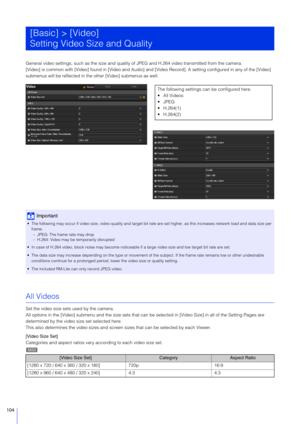 Page 104104
General video settings, such as the size and quality of JPEG and H.264 video transmitted from the camera.
[Video] is common with [Video] found in  [Video and Audio] and [Video Record]. A setting configu red in any of the [Video] 
submenus will be reflected in the other [Video] submenus as well.
All Videos
Set the video size sets used by the camera.
All options in the [Video] submenu and the size sets that can  be selected in [Video Size] in all of the Setting Pages are 
determined by the video size...