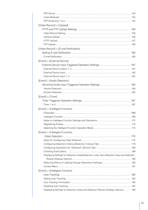 Page 1515
RTP Server .......................................................................................................................... 154
Audio Multicast ................................................................................................................ ... 154
RTP Streaming 1 to 5 .......................................................................................................... 1 55
[Video Record] > [Upload]
HTTP and FTP Upload Settings...