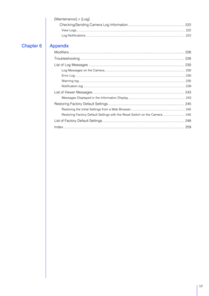 Page 1717
[Maintenance] > [Log]Checking/Sending Camera Log Information.......................................................... 222
View Logs...................................................................................................................... ...... 222
Log Notifications .............................................................................................................. ... 222
Chapter 6 Appendix
Modifiers...