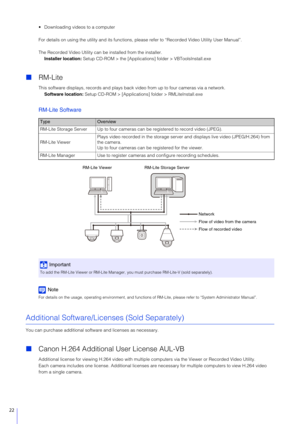 Page 2222
 Downloading videos to a computer
For details on using the utility and its functions, please refer to “Recorded Video Utility User Manual”.
The Recorded Video Utility can be  installed from the installer.
Installer location:  Setup CD-ROM > the [Applications] folder > VBToolsInstall.exe
RM-Lite
This software displays,  records and plays back video from  up to four cameras via a network.
Software location:  Setup CD-ROM > [Applications ] folder > RMLiteInstall.exe
RM-Lite Software
Note
For details on...