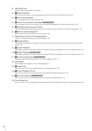 Page 5858
(1) Video Display AreaDisplays video received from the camera.
(2)  [Reconnect] Button Reconnects to the camera. Can be operated when the Viewer is not connected to the camera.
(3)  [Full Screen Mode] Button Video is displayed in full screen mode (P. 64).
(4)  [Switch Area Zoom /Drag to Move] Button
Switch between Area Zoom and Drag to  Move functions for dragging in the video display area (P. 69).
(5)  [BLC] (Back Light Compensation) Button Turns on/off backlight compensation. This control is effe...