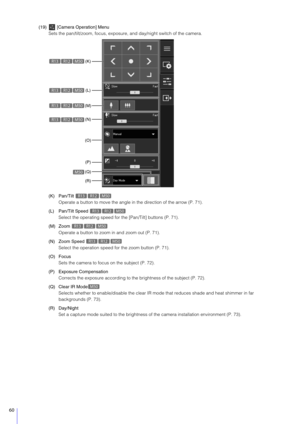 Page 6060
(19)  [Camera Operation] MenuSets the pan/tilt/zoom, focus, exposure , and day/night switch of the camera.
(K) Pan/Tilt  Operate a button to move the angle in the direction of the arrow (P. 71).
(L) Pan/Tilt Speed  Select the operating speed for  the [Pan/Tilt] buttons (P. 71).
(M) Zoom  Operate a button to zoom  in and zoom out (P. 71).
(N) Zoom Speed  Select the operation speed for the zoom button (P. 71).
(O) Focus Sets the camera to focus on the subject (P. 72).
(P) Exposure Compensation Corrects...