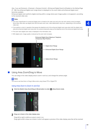 Page 69Camera Viewer
4
69
Also, if you set [Camera] > [Camera] > [Camera Control] > [Enhanced Digital Zoom] to [Enable] on the Setting Page 
(P. 108), the enhanced digital zoom range (blue) is di splayed on the zoom slider and enhanced digital zoom 
becomes available.
Enhanced digital zoom performs digital zooming within a r ange where poor image quality is not apparent, according 
to the received video size.
Note
 The zoom magnification for enhanced digital zo om is limited to the video size set by the user...