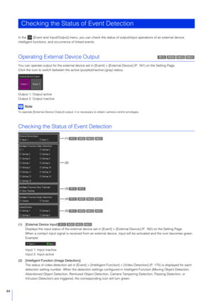 Page 8484
In the   [Event and Input/Output] menu, you can check the status of output/input operations of an external device, 
intelligent functions, and occurrence of linked events.
Operating External Device Output
You can operate output for t he external device set in [Event] > [Exter nal Device] (P. 161) on the Setting Page.
Click the icon to switch between the ac tive (purple)/inactive (gray) status.
Output 1: Output active
Output 2: Output inactive
Note
To operate [External Device Output] output, it is...