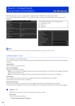 Page 200200
By linking two types of events, a single event is triggered. Select AND/OR for the event linking method.
You can set the operations to  perform, such as recording video or sending  e-mail notifications, when a linked event is 
triggered.
Note
You can check the linked event status on the [Event and  Input/Output] menu of the Camera Viewer (P. 85).
Linked Event 1 to 4
You can register up to four linked events.
You can link five types of events: [Volume Detection], [Scream Detection], [External  Device...